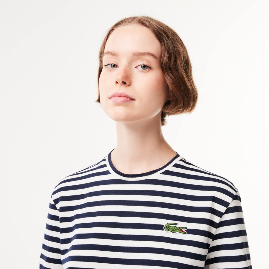 Women Lacoste T-Shirts | Women'S Lacoste Loose Fit Striped Cotton Jersey T-Shirt Navy Blue / White Hhw