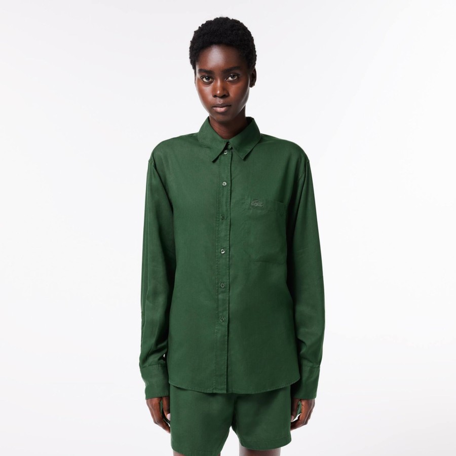 Women Lacoste Shirts & Tops | Flowing, Oversized Lyocell Shirt Dark Green Smi