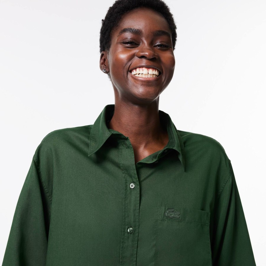 Women Lacoste Shirts & Tops | Flowing, Oversized Lyocell Shirt Dark Green Smi