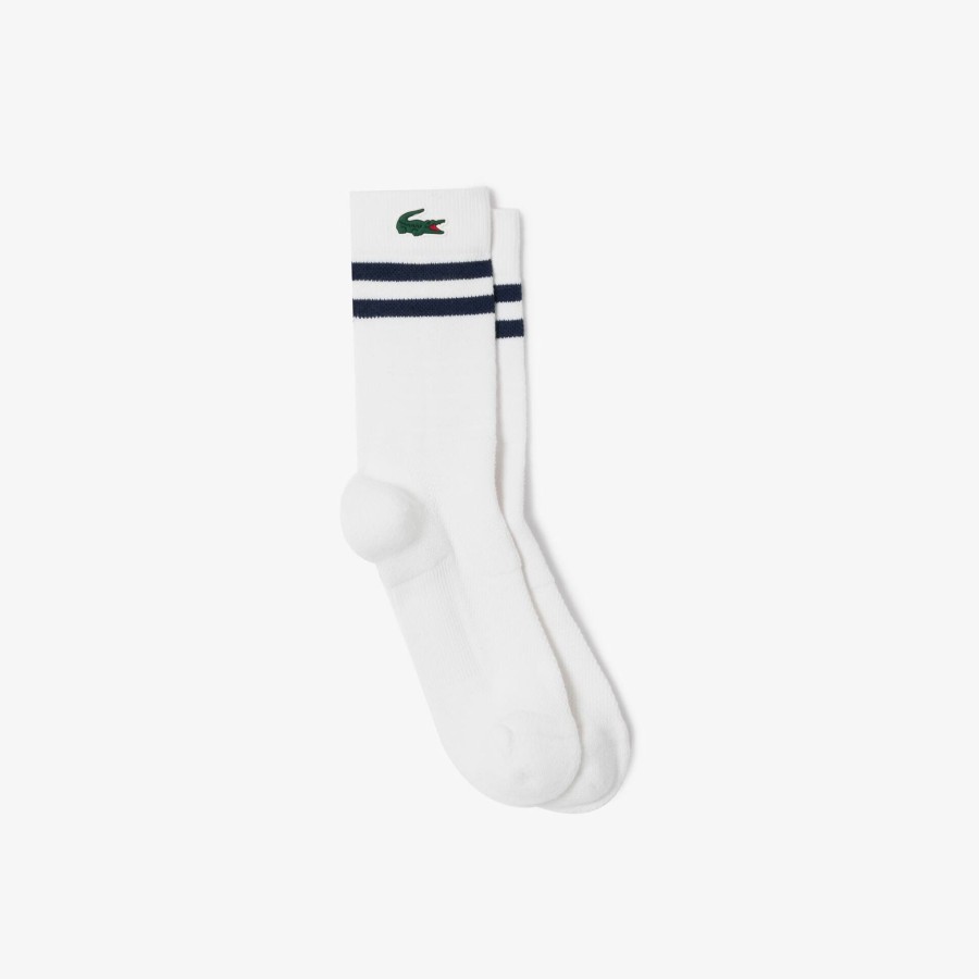 Men Lacoste Sport Clothing | Breathable Jersey Tennis Socks White / Navy Blue