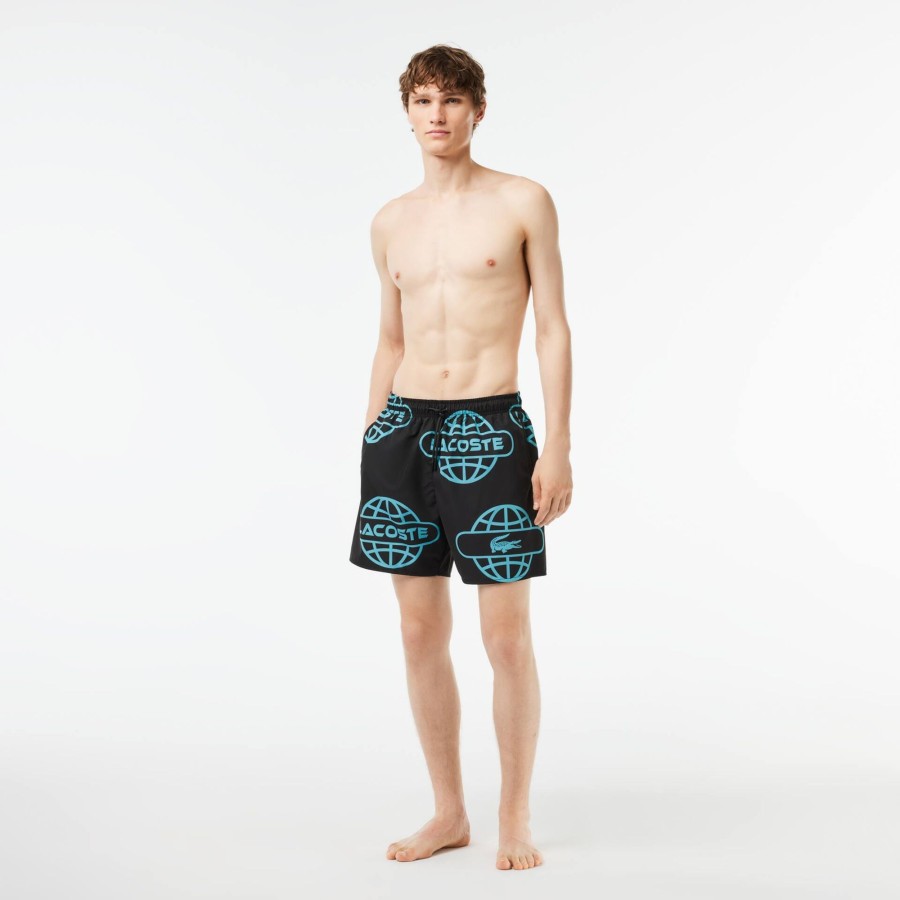 Men Lacoste Swimwear | Lacoste Globe Print Swimsuit Black / Blue