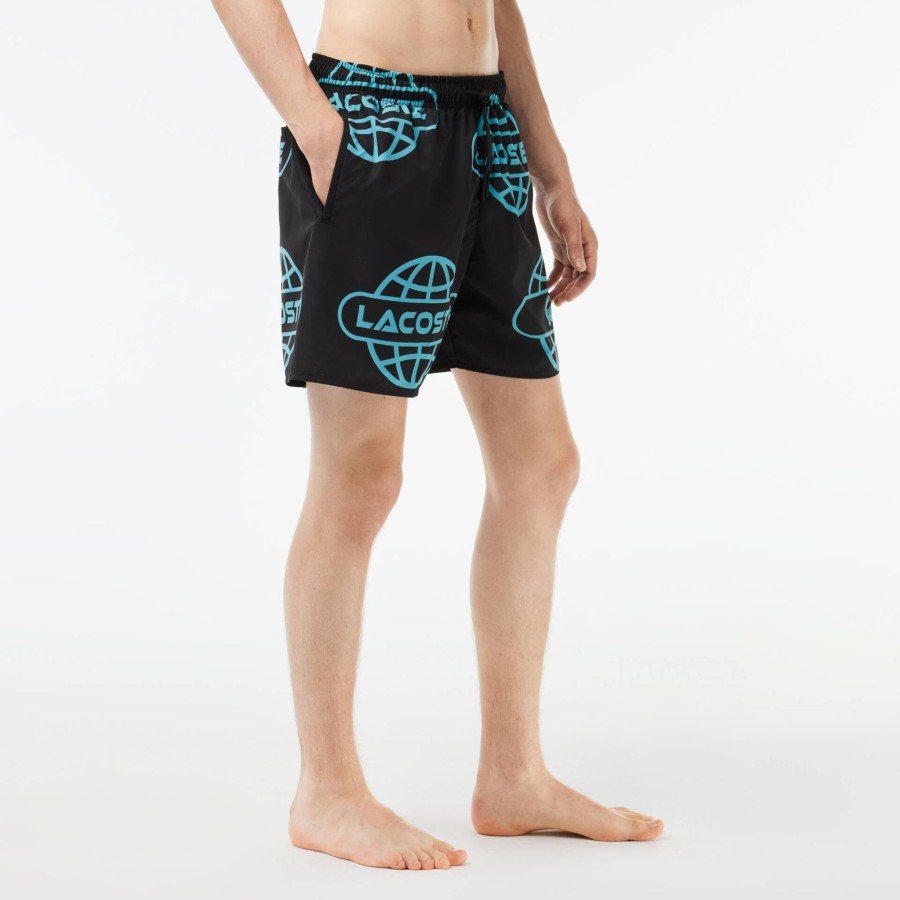 Men Lacoste Swimwear | Lacoste Globe Print Swimsuit Black / Blue