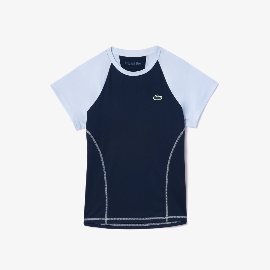 Women Lacoste Sport Clothing | Slim Fit Ultra-Dry Sport Stretch T-Shirt Navy Blue / Light Blue Wb3