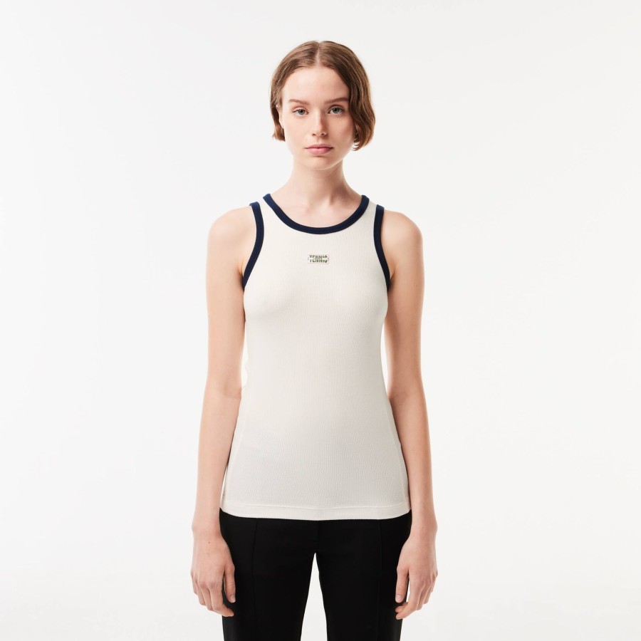 Women Lacoste T-Shirts | Flowing Rib Knit Tennis Badge Tank White / Navy Blue Ev0