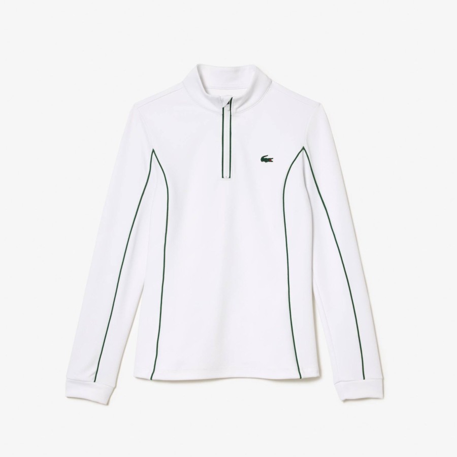 Women Lacoste Tennis | Slim Fit Contrast Sleeve Sport Sweatshirt White / Green 737