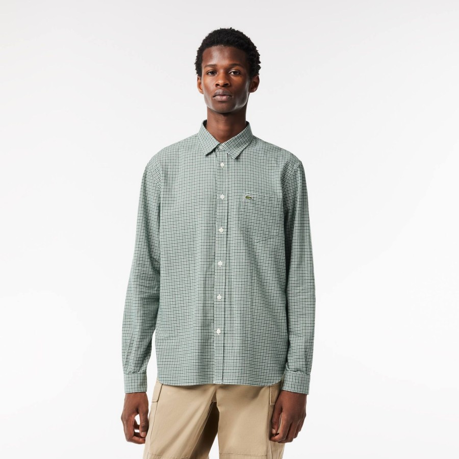 Men Lacoste Shirts | Cotton Flannel Checked Shirt Green / White