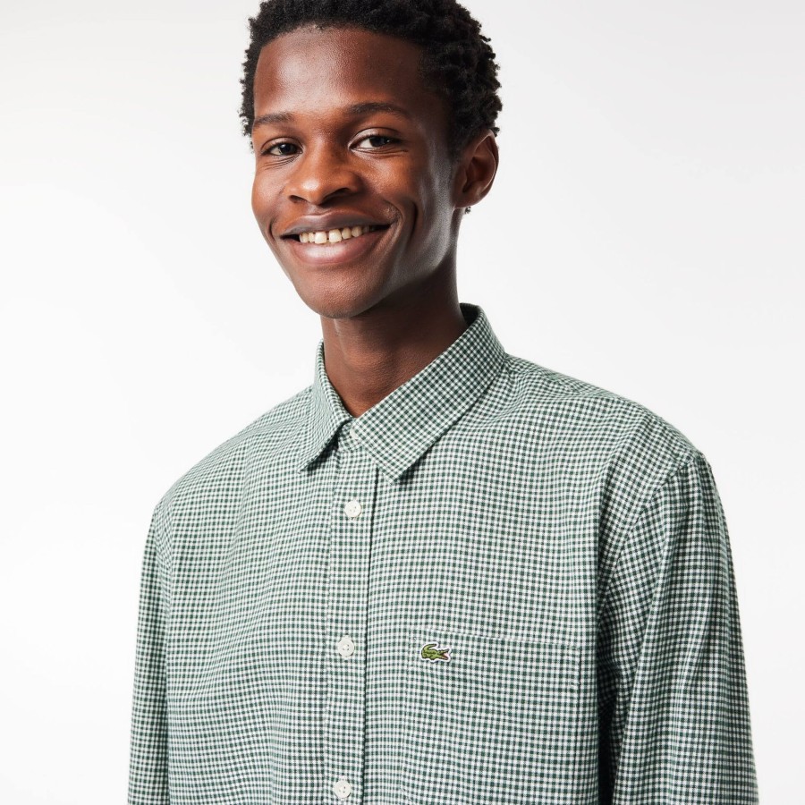 Men Lacoste Shirts | Cotton Flannel Checked Shirt Green / White