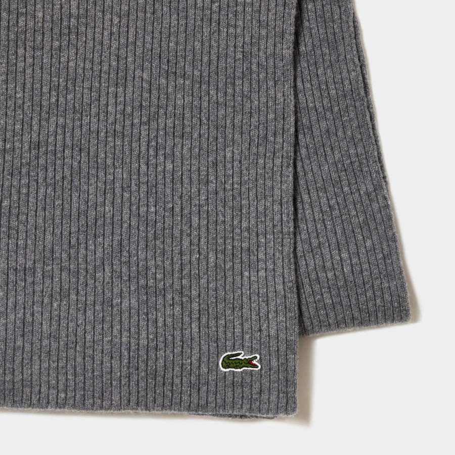 Women Lacoste Scarves & Stoles | Unisex Lacoste Ribbed Wool Scarf Grey Chine Yrd