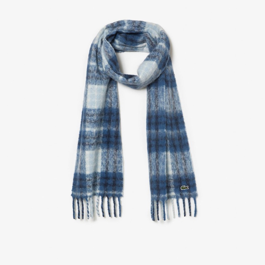 Women Lacoste Scarves & Stoles | Checked Fringe Detail Alpaca Scarf Navy Blue / White Qli