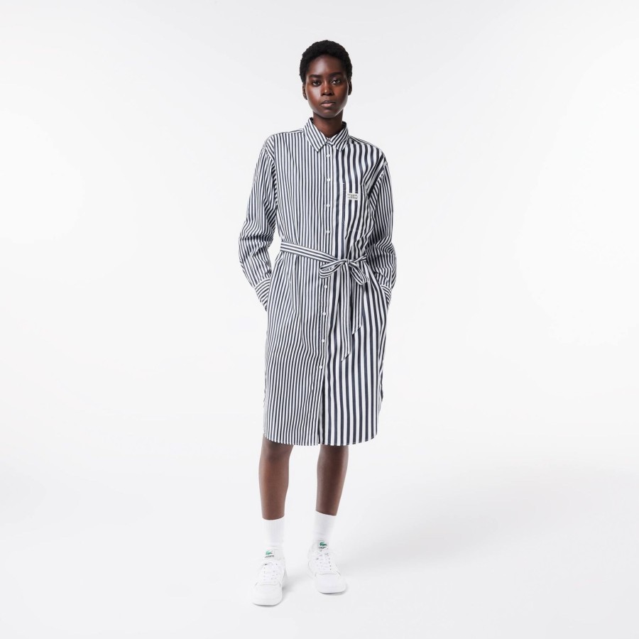 Women Lacoste Dresses & Skirts | Oversized Striped Cotton Poplin Shirt Dress Navy Blue / White 525