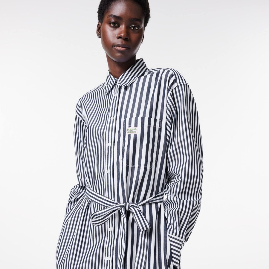 Women Lacoste Dresses & Skirts | Oversized Striped Cotton Poplin Shirt Dress Navy Blue / White 525