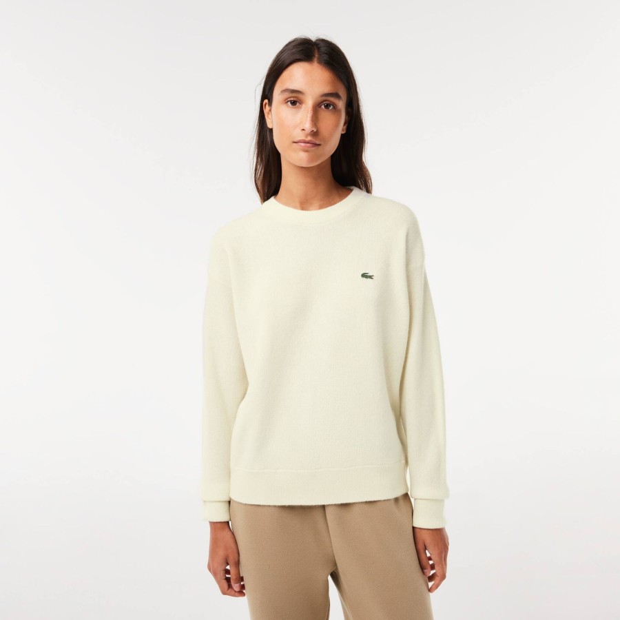 Women Lacoste Knitwear | Women'S Lacoste Crew Neck Wool Sweater White 70V