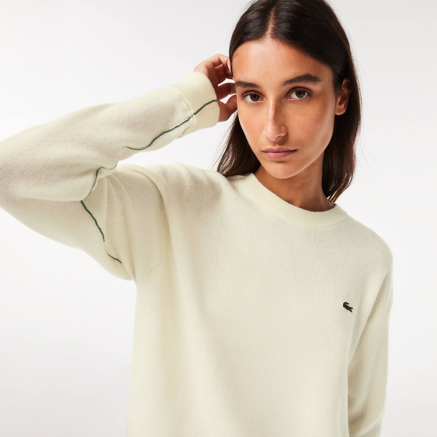 Women Lacoste Knitwear | Women'S Lacoste Crew Neck Wool Sweater White 70V