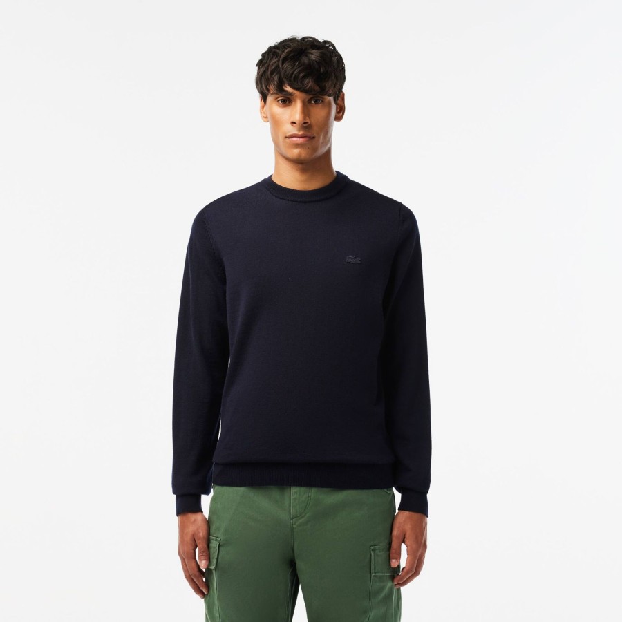 Men Lacoste Knitwear | Men'S Crew Neck Merino Wool Sweater Navy Blue