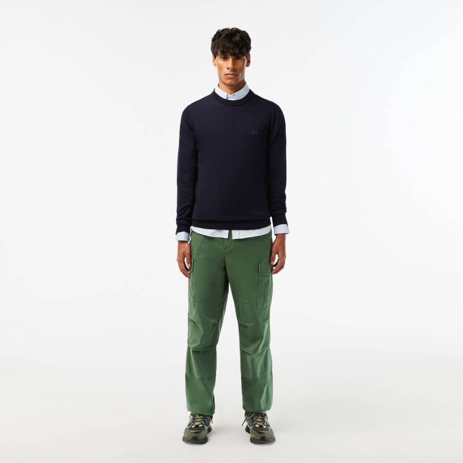 Men Lacoste Knitwear | Men'S Crew Neck Merino Wool Sweater Navy Blue