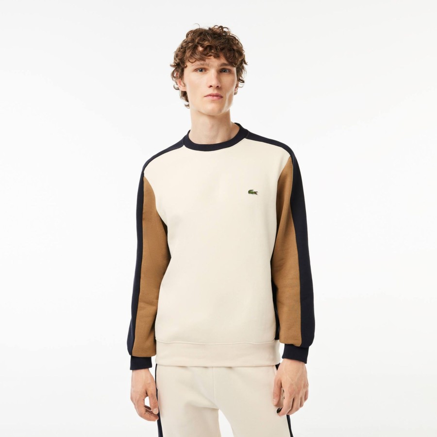 Men Lacoste Sweatshirts | Brushed Fleece Colourblock Jogger Sweatshirt White / Brown / Navy Blue