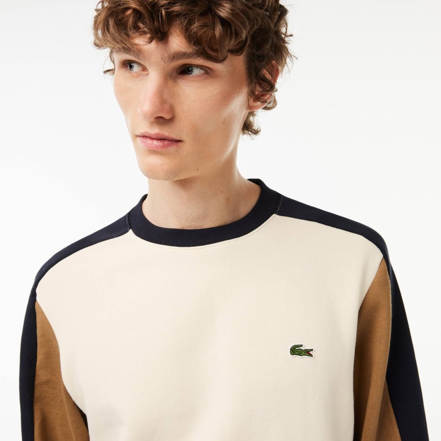 Men Lacoste Sweatshirts | Brushed Fleece Colourblock Jogger Sweatshirt White / Brown / Navy Blue