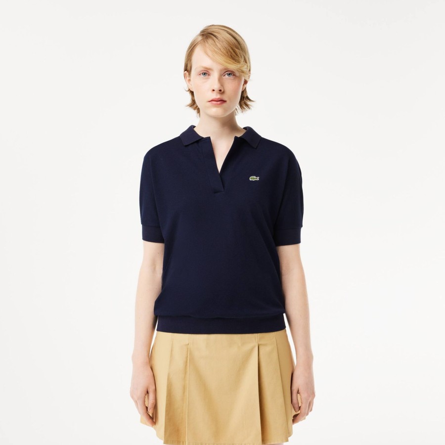 Women Lacoste Polo Shirts | Women'S Lacoste Flowy Pique Polo Shirt Navy Blue 166