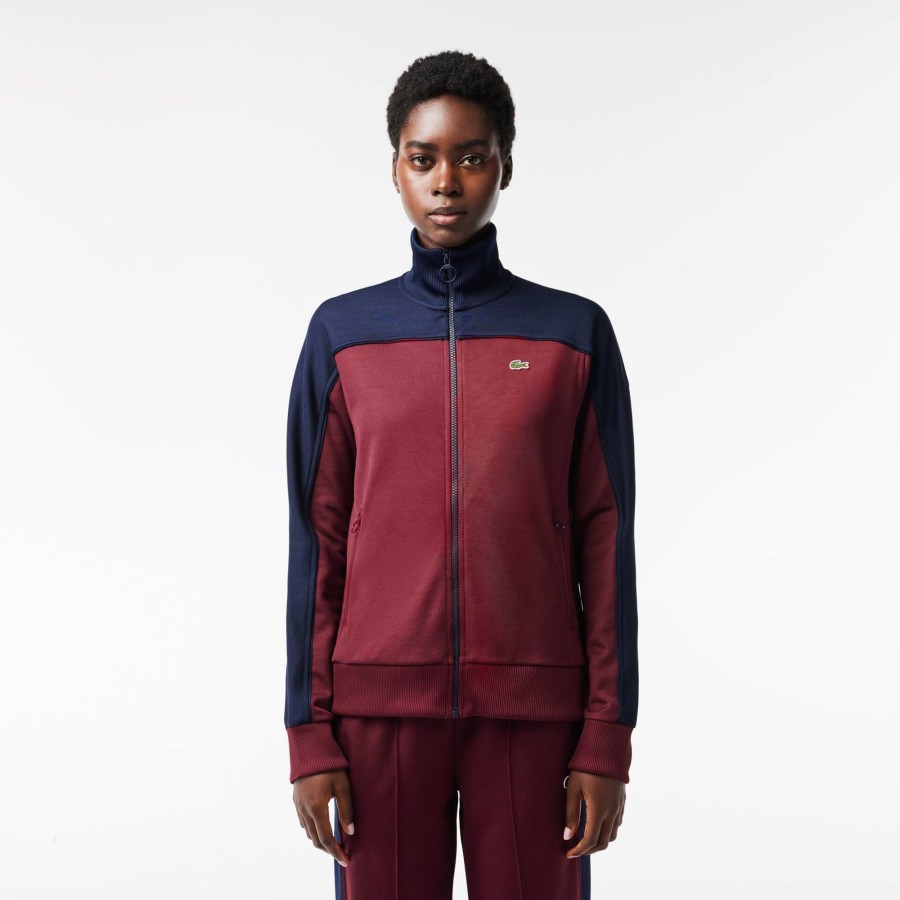 Women Lacoste Tracksuits | Paris Zipped Colourblock Cotton Pique Sweatshirt Bordeaux / Navy Blue Lgi