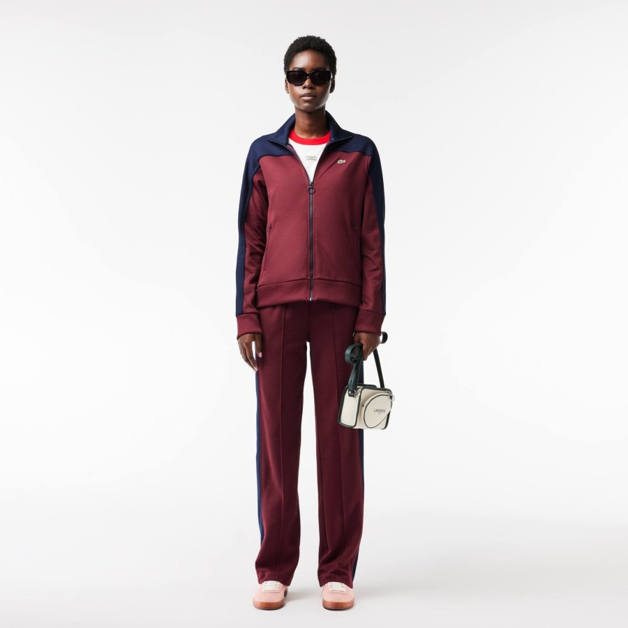 Women Lacoste Tracksuits | Paris Zipped Colourblock Cotton Pique Sweatshirt Bordeaux / Navy Blue Lgi