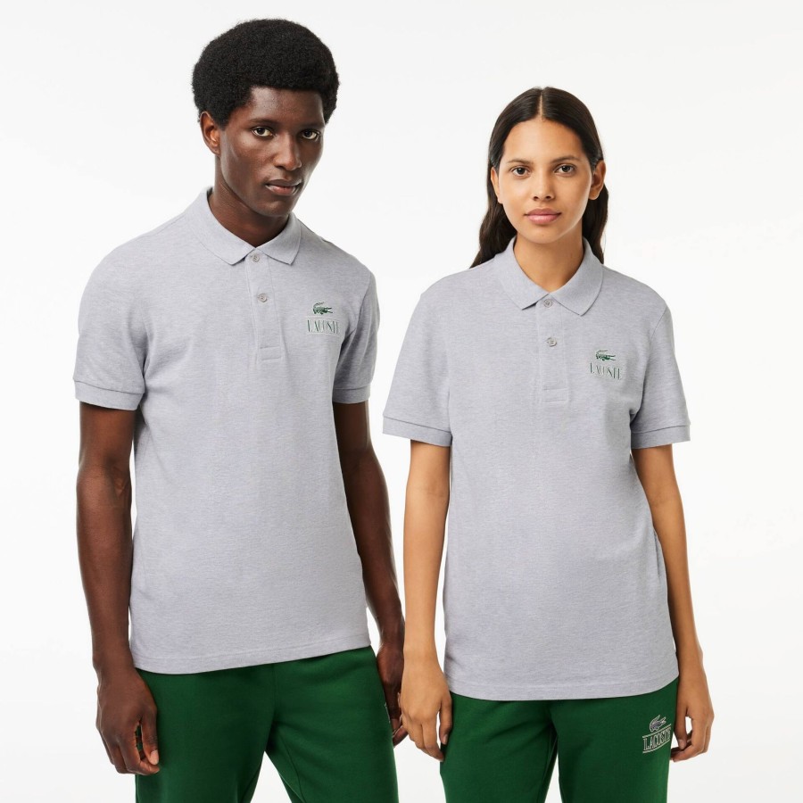 Women Lacoste Polo Shirts | Lacoste Signature Print Stretch Pique Polo Shirt Grey Chine Cca