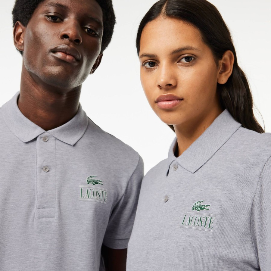 Women Lacoste Polo Shirts | Lacoste Signature Print Stretch Pique Polo Shirt Grey Chine Cca