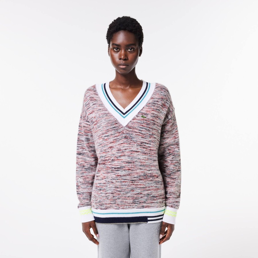 Women Lacoste Knitwear | Contrast Stripe V Neck Alpaga Sweater White / Navy Blue / Red Qih