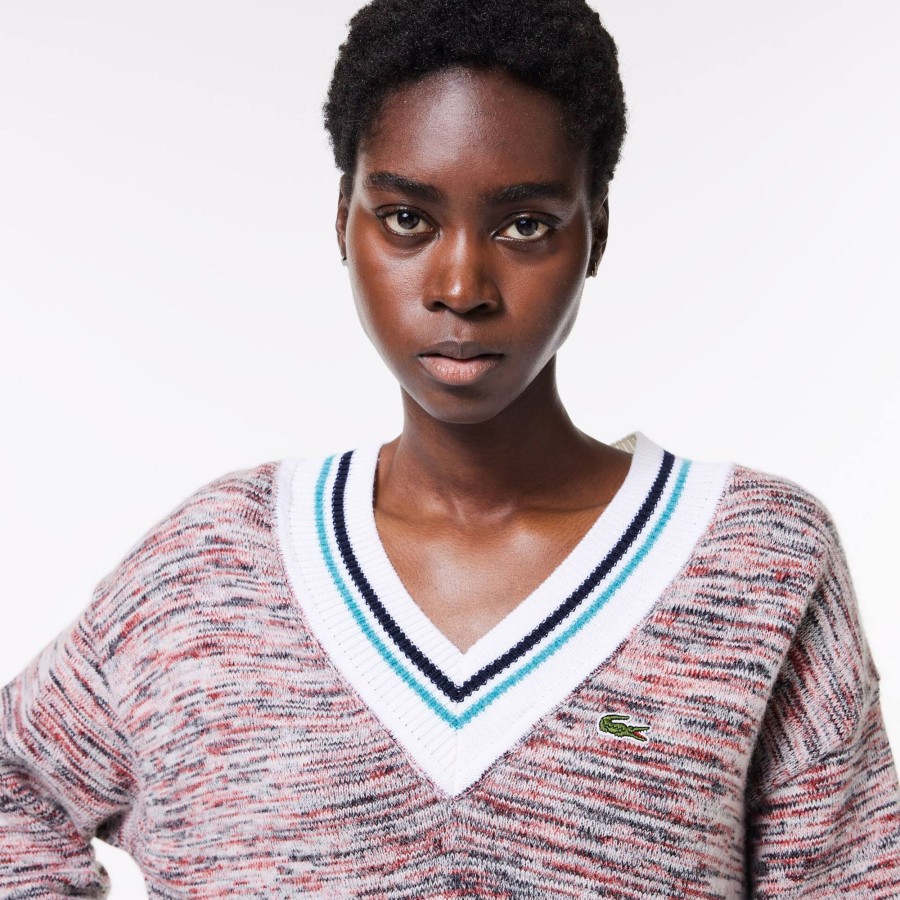 Women Lacoste Knitwear | Contrast Stripe V Neck Alpaga Sweater White / Navy Blue / Red Qih