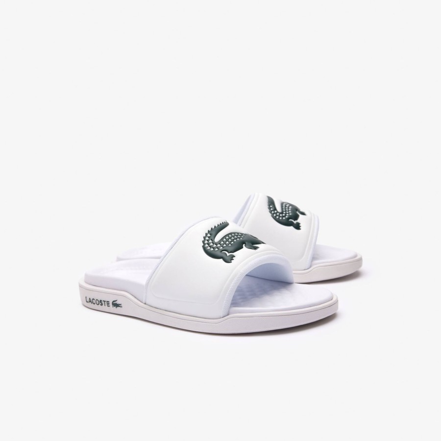 Women Lacoste Flip-Flops & Sandals | Men'S Croco Dualiste Synthetic Logo Strap Slides White & Dark Green 1R5