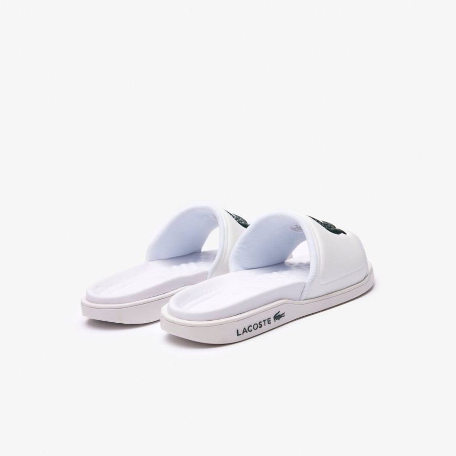 Women Lacoste Flip-Flops & Sandals | Men'S Croco Dualiste Synthetic Logo Strap Slides White & Dark Green 1R5