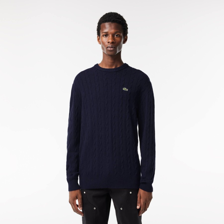 Men Lacoste Knitwear | Crew Neck With Cable Detail Navy Blue