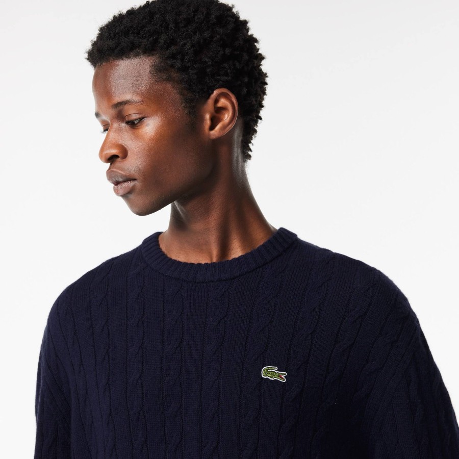 Men Lacoste Knitwear | Crew Neck With Cable Detail Navy Blue