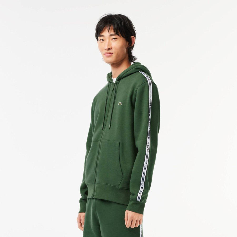 Men Lacoste Sweatshirts | Men'S Classic Fit Zipped Jogger Hoodie With Brand Stripes Dark Green