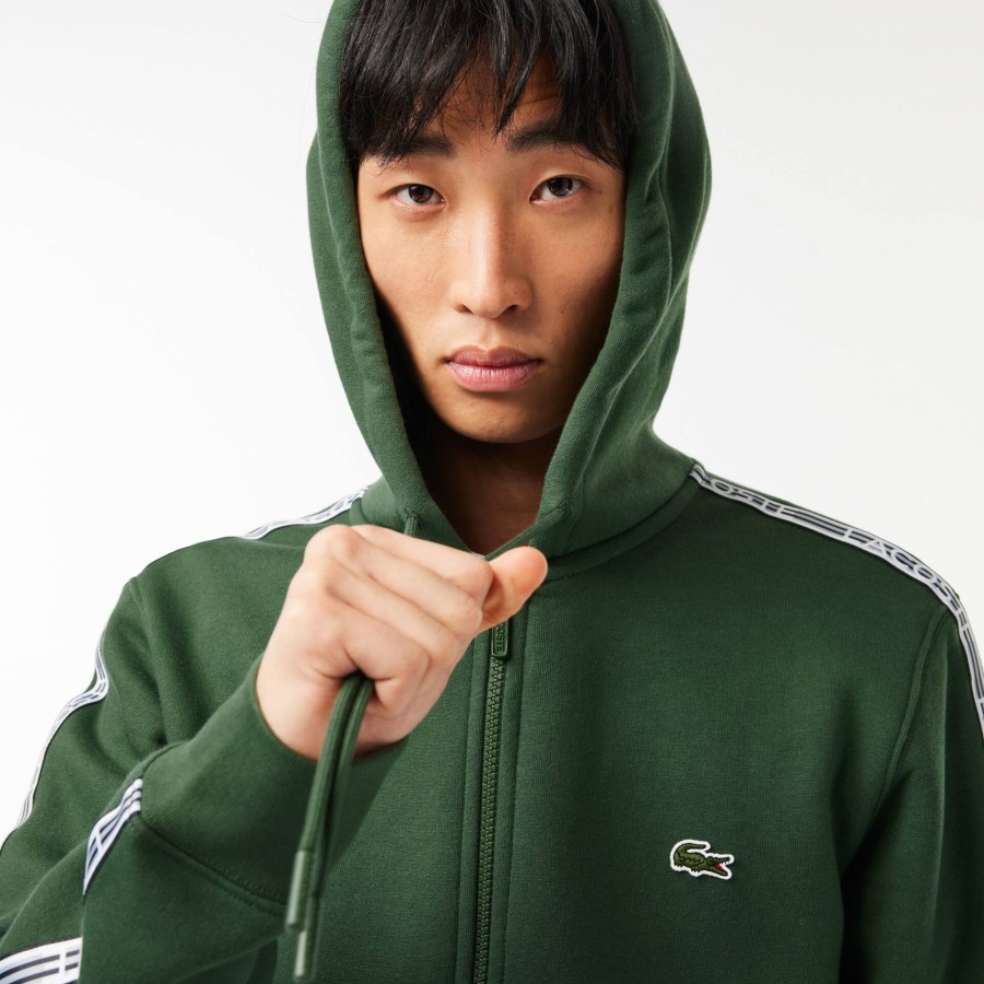 Men Lacoste Sweatshirts | Men'S Classic Fit Zipped Jogger Hoodie With Brand Stripes Dark Green