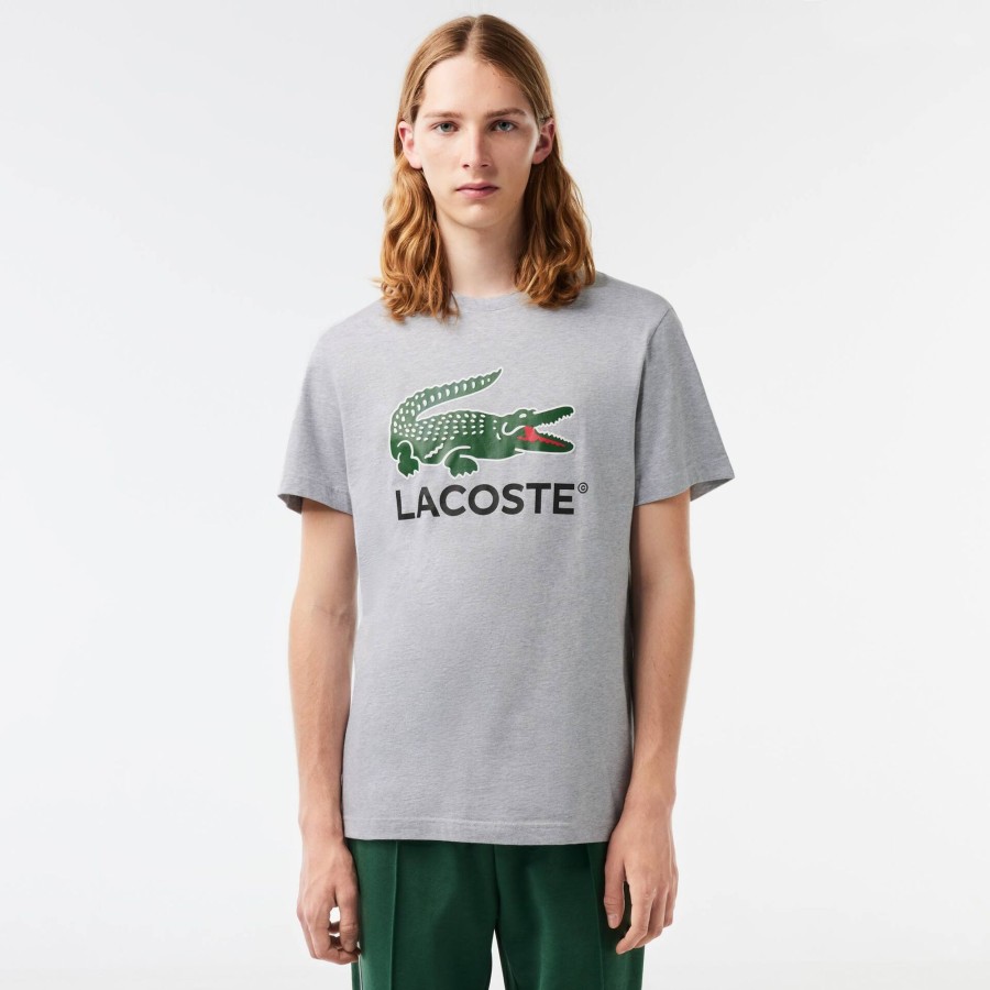 Men Lacoste T-Shirts | Cotton Jersey Signature Print T-Shirt Grey Chine