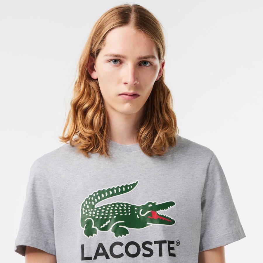 Men Lacoste T-Shirts | Cotton Jersey Signature Print T-Shirt Grey Chine