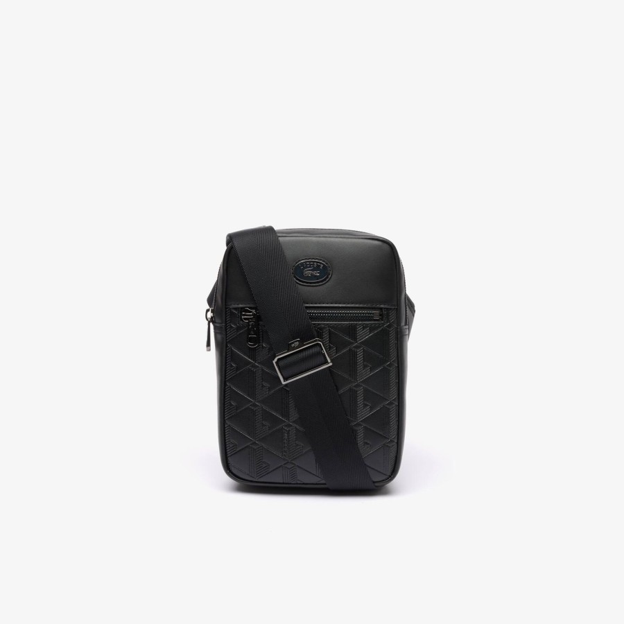 Men Lacoste Vertical Bags | Leather Monogram Print Vertical Satchel Noir