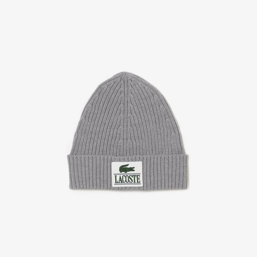 Women Lacoste Beanies | Ribbed Wool Woven Patch Beanie Grey Chine Cca