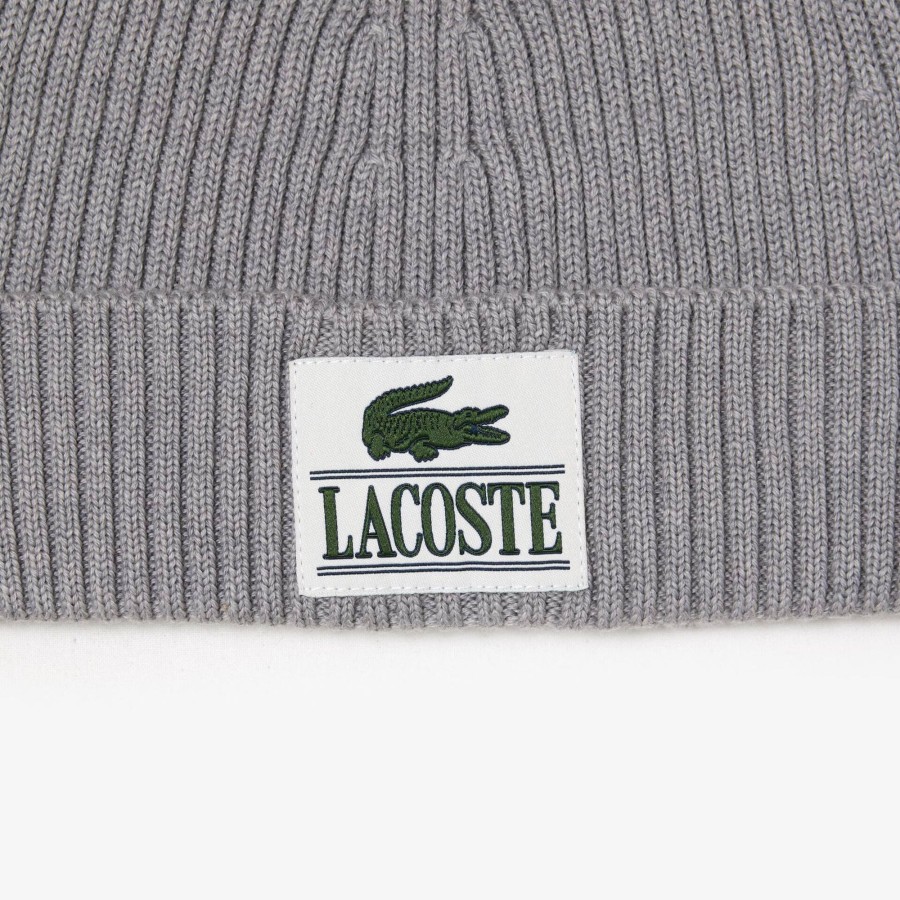 Women Lacoste Beanies | Ribbed Wool Woven Patch Beanie Grey Chine Cca