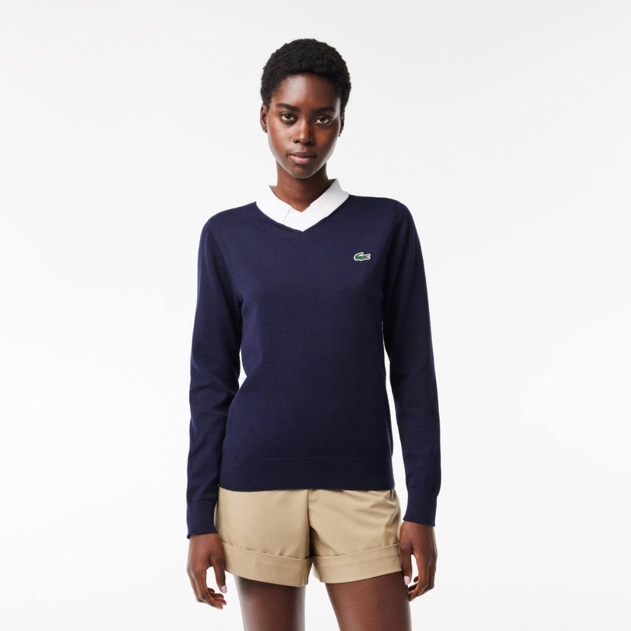 Women Lacoste Golf | Cotton Pima Golf Sweater Navy Blue / White 525