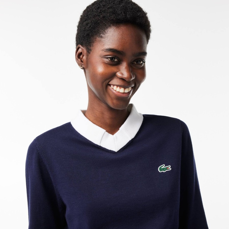 Women Lacoste Golf | Cotton Pima Golf Sweater Navy Blue / White 525