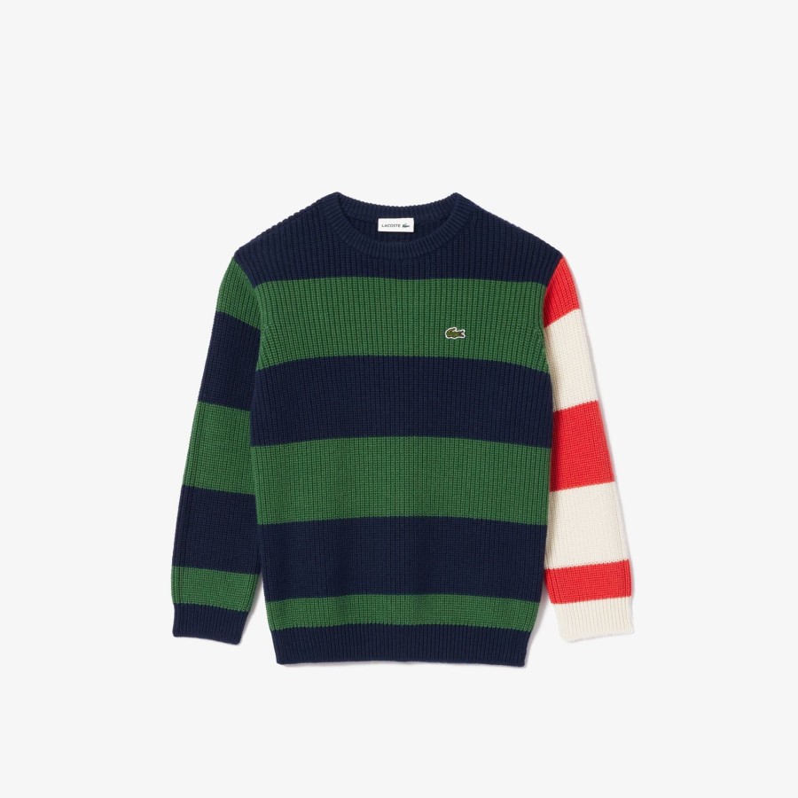 Kids Lacoste Girl Clothing | Contrast Sleeve Striped Sweater Navy Blue / Green / White / Orange Nui