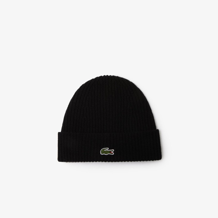 Women Lacoste Beanies | Unisex Lacoste Ribbed Wool Beanie Black 031