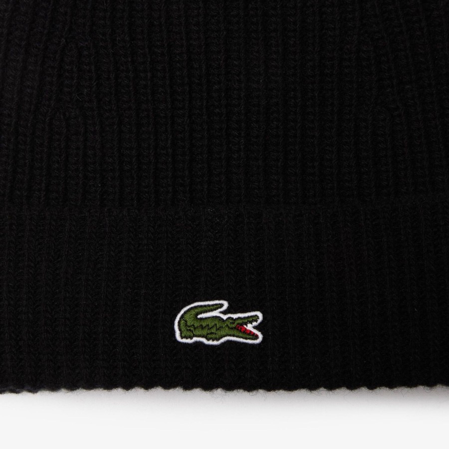 Women Lacoste Beanies | Unisex Lacoste Ribbed Wool Beanie Black 031