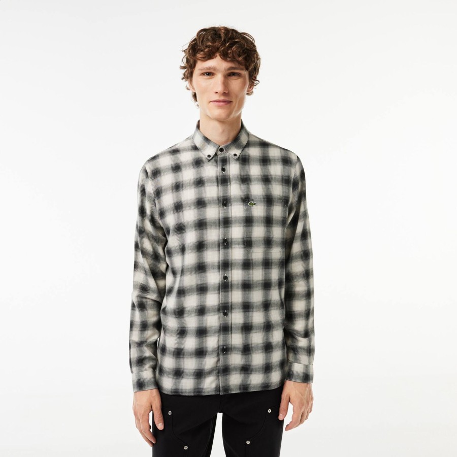 Men Lacoste Shirts | Cotton And Wool Blend Checked Flannel Shirt Black / White