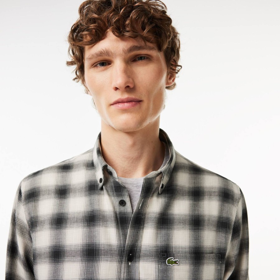 Men Lacoste Shirts | Cotton And Wool Blend Checked Flannel Shirt Black / White