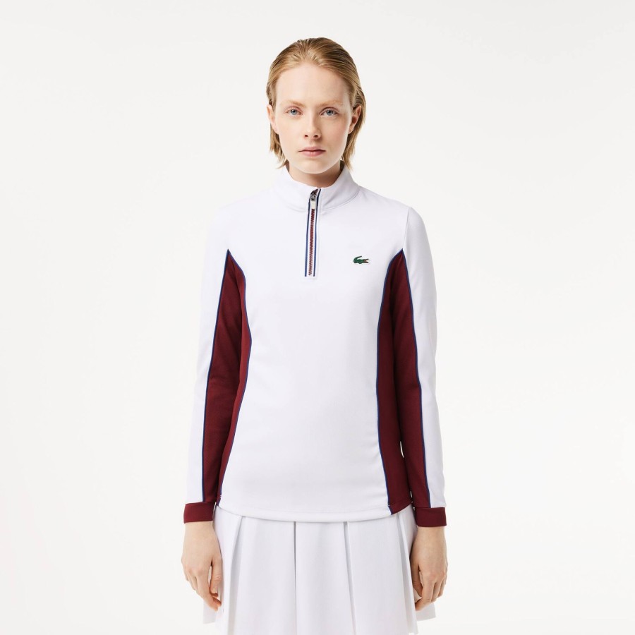 Women Lacoste Tennis | Slim Fit Contrast Sleeve Sport Sweatshirt White / Bordeaux Niy