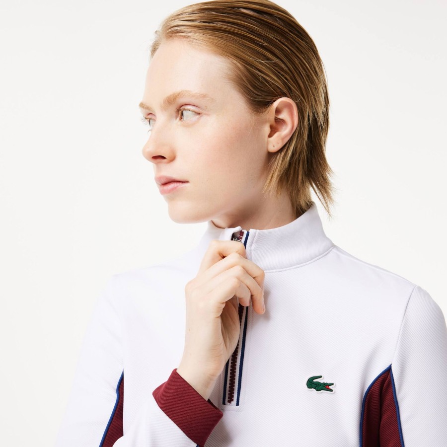 Women Lacoste Tennis | Slim Fit Contrast Sleeve Sport Sweatshirt White / Bordeaux Niy