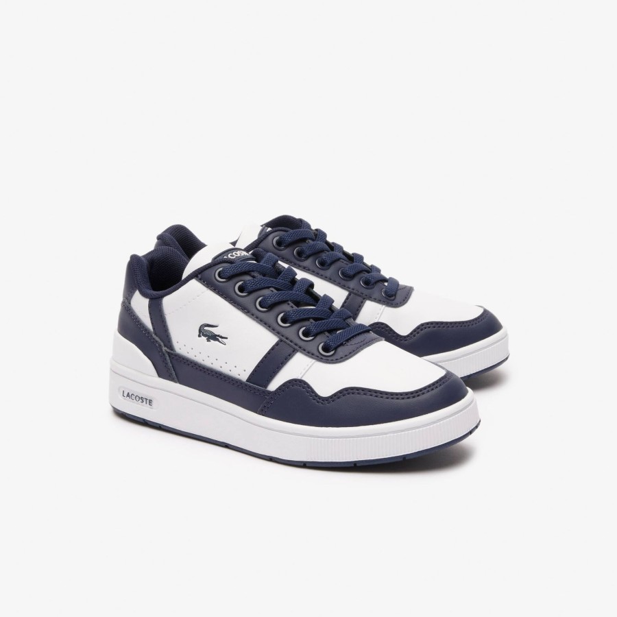 Kids Lacoste Shoes | Juniors' T-Clip Synthetic Trainers White & Navy 042