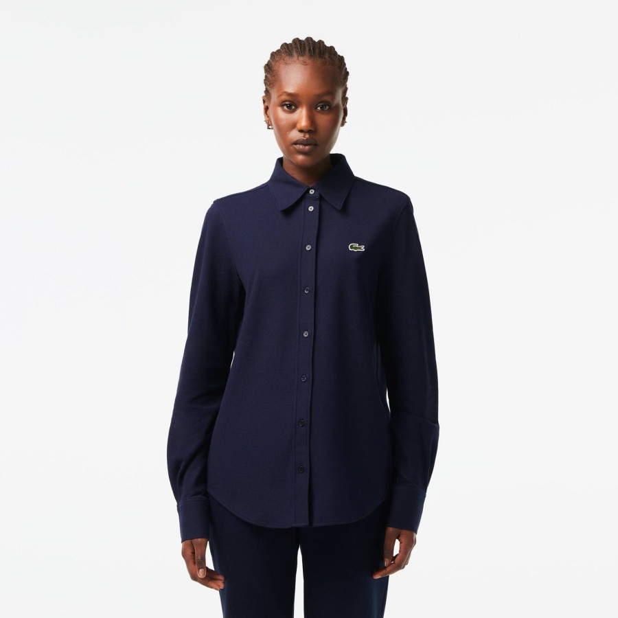 Women Lacoste Shirts & Tops | Women'S Lacoste French Collar Cotton Pique Shirt Navy Blue 166